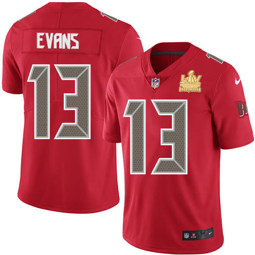 Personalized Buccaneers #13 Mike Evans Red Men’s Super Bowl LV Champions Patch Stitched NFL Limited Rush Jersey