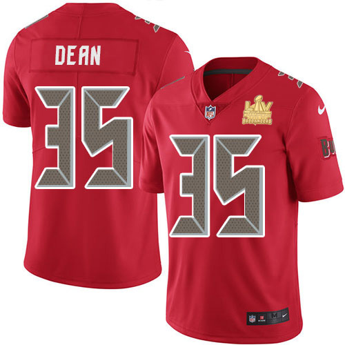 Personalized Buccaneers #35 Jamel Dean Red Men’s Super Bowl LV Champions Patch Stitched NFL Limited Rush Jersey
