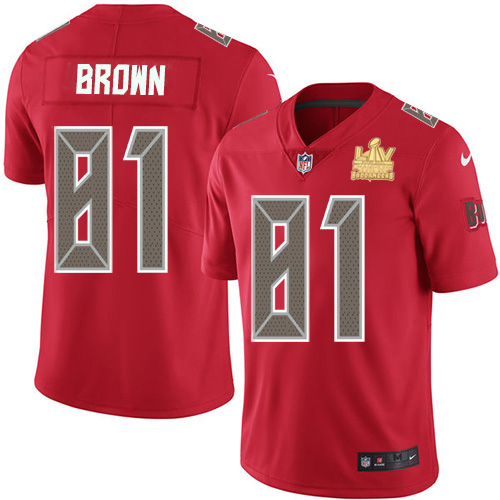 Personalized Buccaneers #81 Antonio Brown Red Men’s Super Bowl LV Champions Patch Stitched NFL Limited Rush Jersey