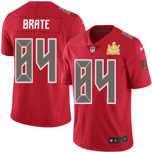 Personalized Buccaneers #84 Cameron Brate Red Men’s Super Bowl LV Champions Patch Stitched NFL Limited Rush Jersey