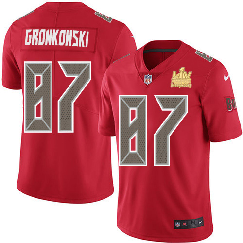 Personalized Buccaneers #87 Rob Gronkowski Red Men’s Super Bowl LV Champions Patch Stitched NFL Limited Rush Jersey
