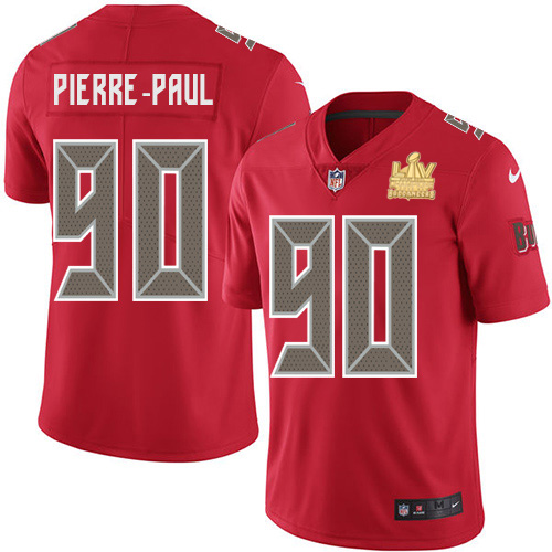 Personalized Buccaneers #90 Jason Pierre-Paul Red Men’s Super Bowl LV Champions Patch Stitched NFL Limited Rush Jersey