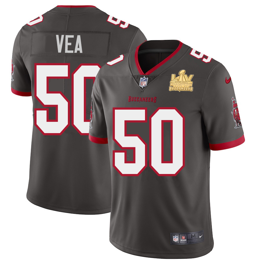 Personalized Tampa Bay Buccaneers #50 Vita Vea Men’s Super Bowl LV Champions Patch Pewter Alternate Limited Jersey
