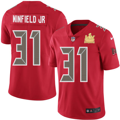 Personalized Buccaneers #31 Antoine Winfield Jr. Red Men’s Super Bowl LV Champions Patch Stitched NFL Limited Rush Jersey