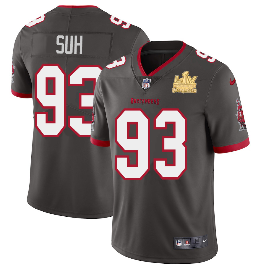 Personalized Tampa Bay Buccaneers #93 Ndamukong Suh Men’s Super Bowl LV Champions Patch Pewter Alternate Limited Jersey