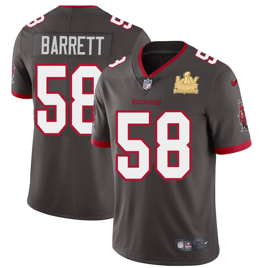Personalized Tampa Bay Buccaneers #58 Shaquil Barrett Men’s Super Bowl LV Champions Patch Pewter Alternate Limited Jersey