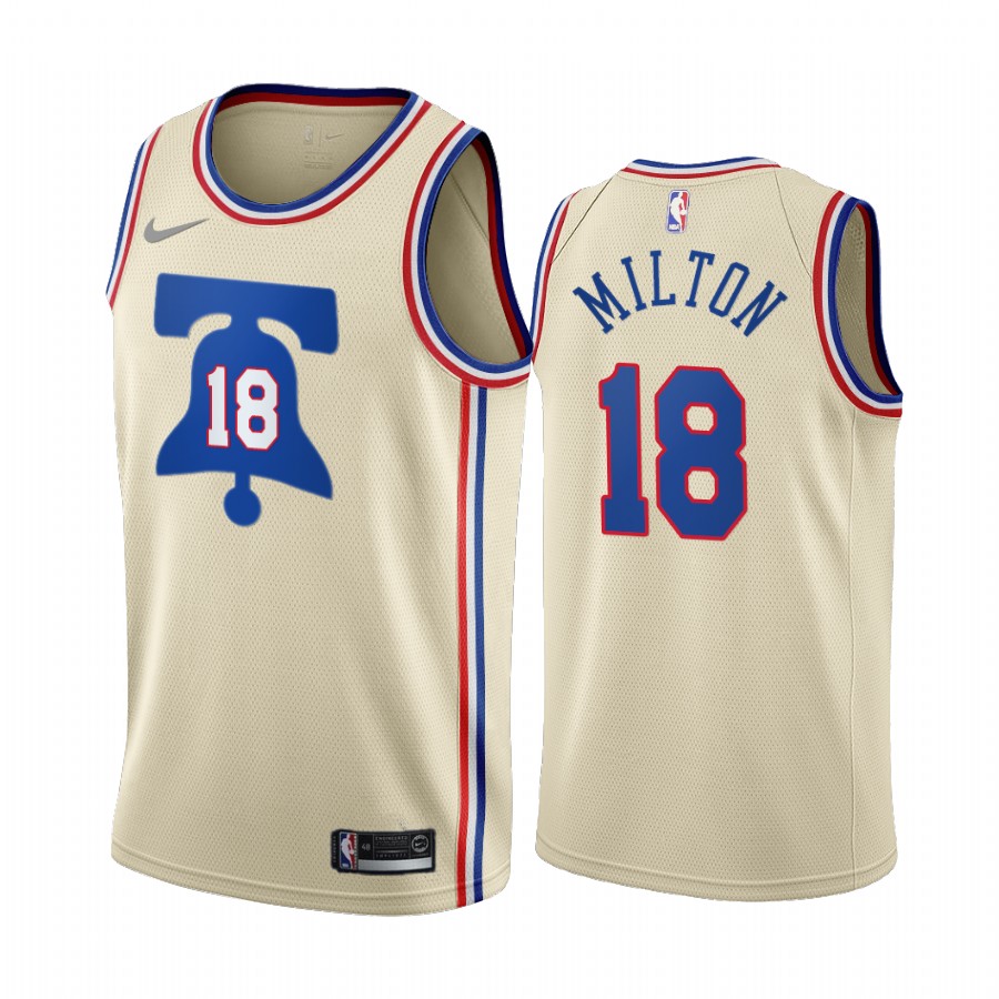 Personalized Philadelphia 76ers #18 Shake Milton Cream NBA Swingman 2020-21 Earned Edition Jersey