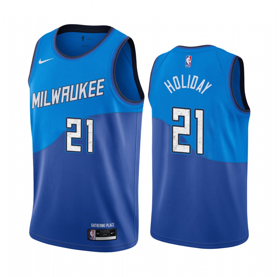 Personalized Bucks #21 Jrue Holiday Blue NBA Swingman 2020-21 City Edition Jersey