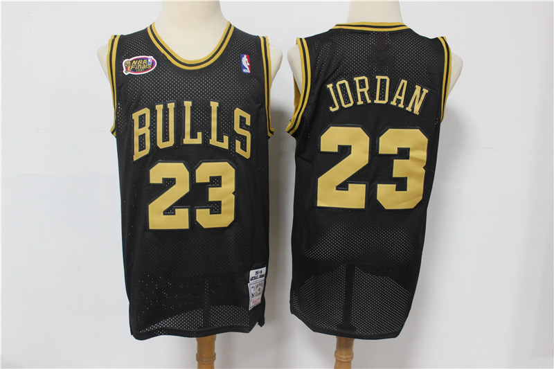 Personalized Bulls 23 Michael Jordan Black Gold NBA Finals Patch Jersey