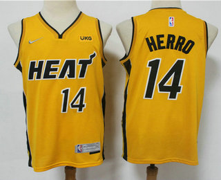 Personalized Men’s Miami Heat #14 Tyler Herro Yellow Swingman 2021 Earned Edition Stitched Jersey With NEW Sponsor Logo
