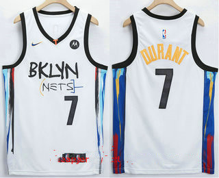 Personalized Men’s Brooklyn Nets #7 Kevin Durant NEW White 2021 City Edition Swingman Stitched NBA Jersey With The NEW Sponsor Logo