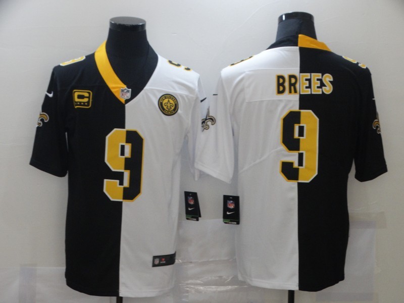 Personalized Saints 9 Drew Brees Black And White Split C Patch Untouchable Limited Jersey