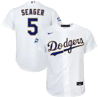 Personalized Youth Los Angeles Dodgers #5 Corey Seager White Gold 2021 Gold Program Player Jersey