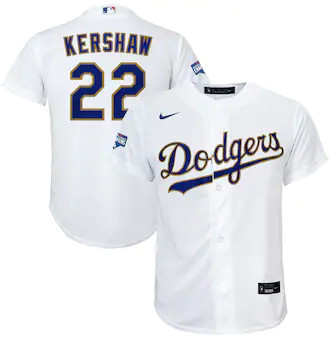 Personalized Youth Los Angeles Dodgers #22 Clayton Kershaw White Gold 2021 Gold Program Player Jersey