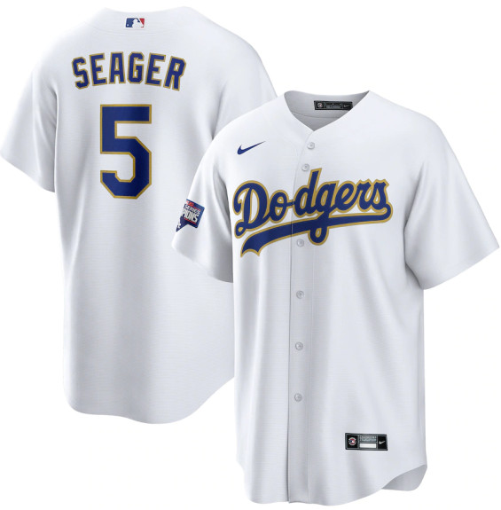 Personalized Men’s Los Angeles Dodgers #5 Corey Seager White Gold 2021 Gold Program Player Jersey