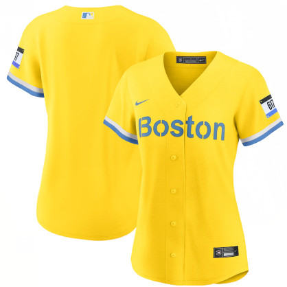 Personalized Women’s Boston Red Sox Gold Light Blue 2021 City Connect Jersey