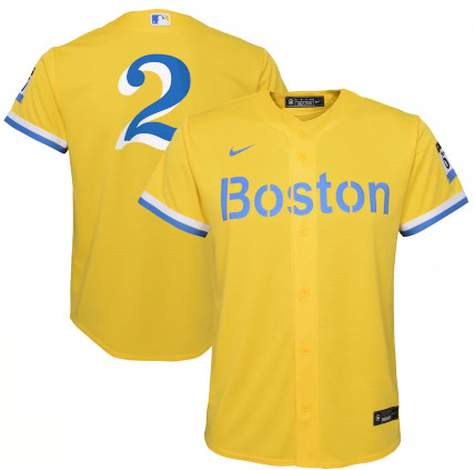 Personalized Men Boston Red Sox Xander Bogaerts Gold Light Blue 2021 City Connect Player Jersey