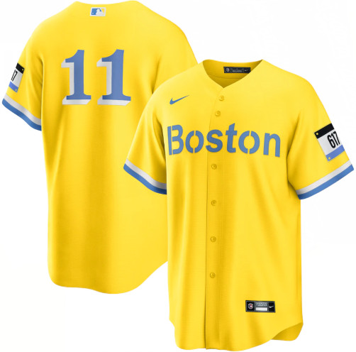 Personalized Men’s Boston Red Sox #11 Rafael Devers Gold Light Blue 2021 City Connect Player Jersey