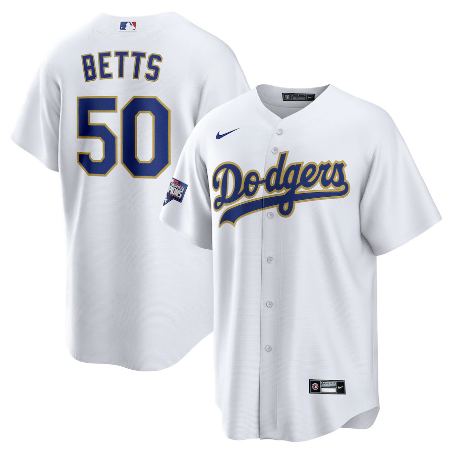Personalized Men’s Los Angeles Dodgers #50 Mookie Betts White Gold 2021 Gold Program Player Jersey