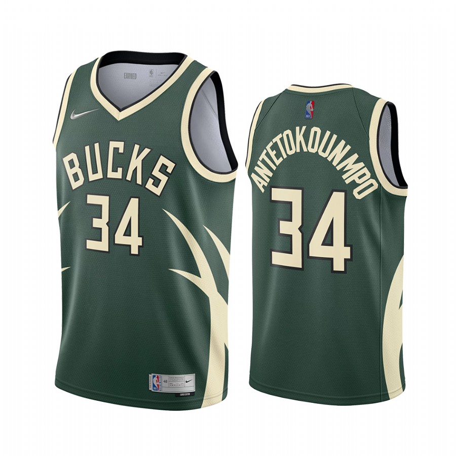 Personalized Milwaukee Bucks #34 Giannis Antetokounmpo Green NBA Swingman 2020-21 Earned Edition Jersey