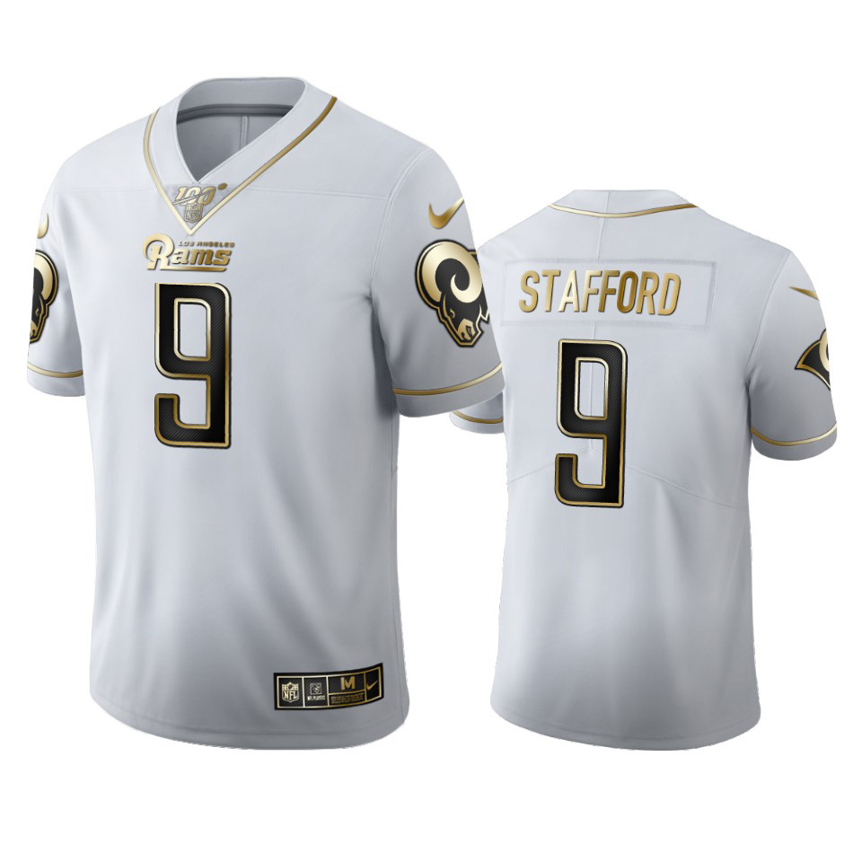 Personalized Los Angeles Rams #9 Matthew Stafford Men’s White Golden Edition Limited NFL 100 Jersey