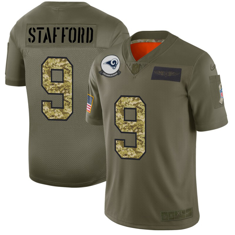Personalized Los Angeles Rams #9 Matthew Stafford Men’s 2019 Olive Camo Salute To Service Limited NFL Jersey