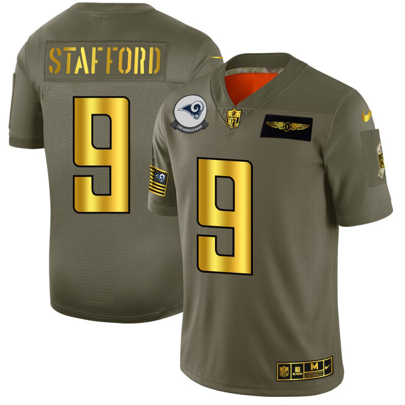 Personalized Los Angeles Rams #9 Matthew Stafford NFL Men’s Olive Gold 2019 Salute to Service Limited Jersey