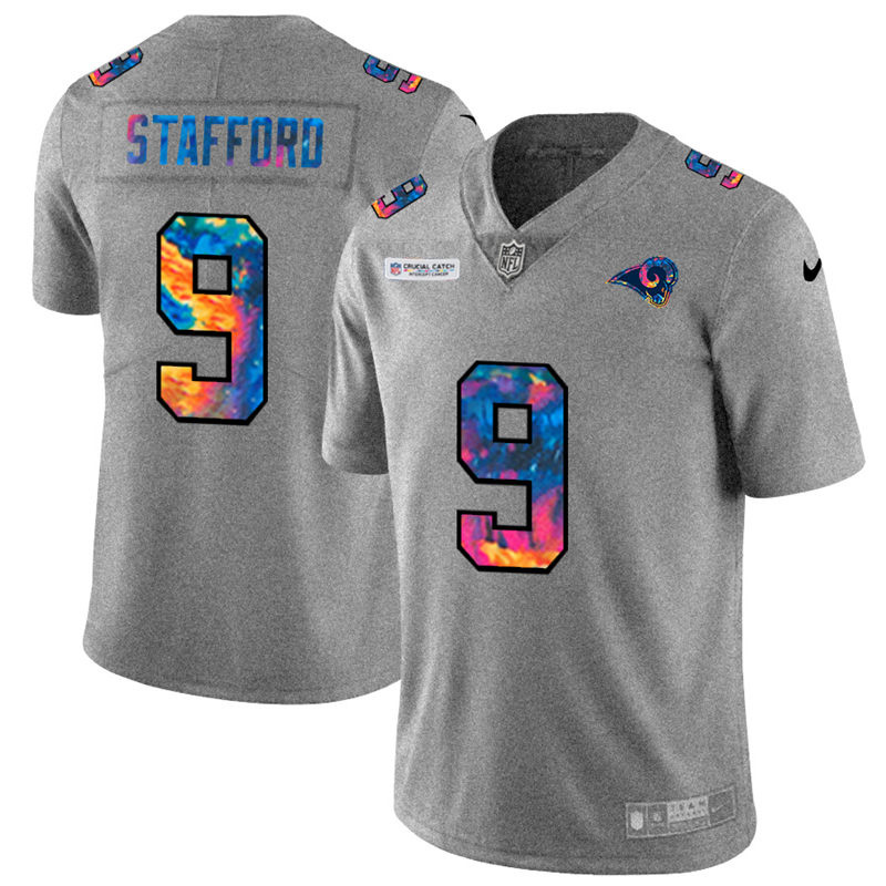 Personalized Los Angeles Rams #9 Matthew Stafford Men’s Multi-Color 2020 NFL Crucial Catch NFL Jersey Greyheather