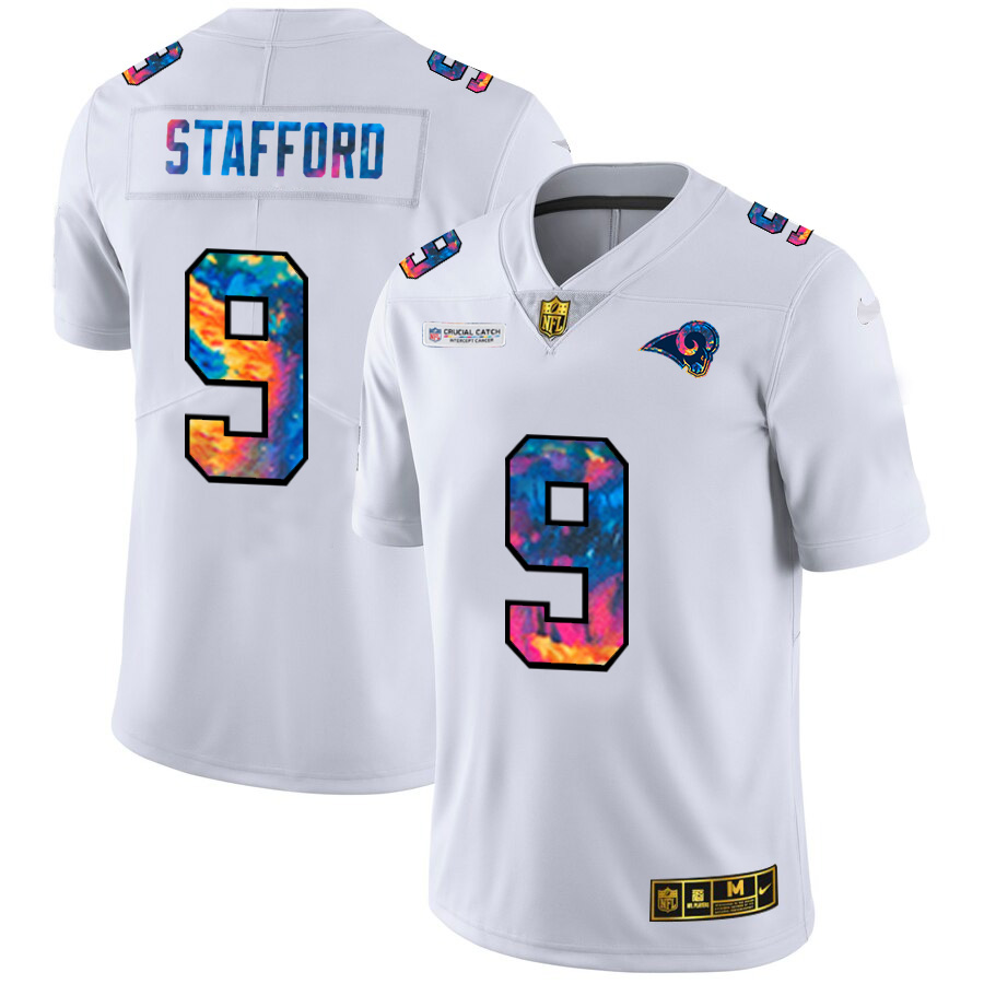 Personalized Los Angeles Rams #9 Matthew Stafford Men’s White Multi-Color 2020 NFL Crucial Catch Limited NFL Jersey