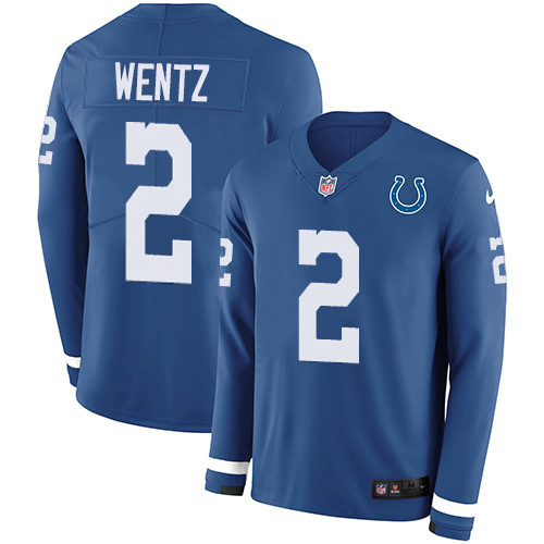 Personalized Indianapolis Colts #2 Carson Wentz Royal Blue Team Color Men’s Stitched NFL Limited Therma Long Sleeve Jersey