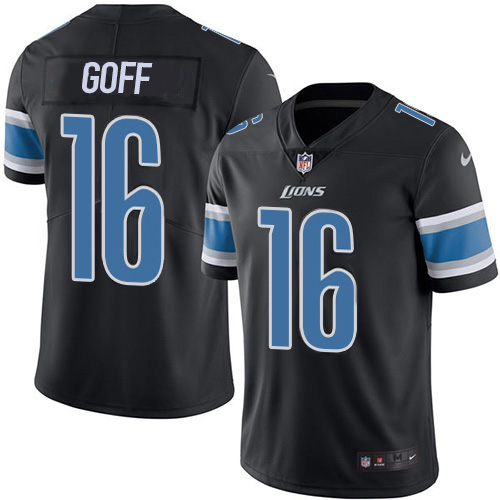 Personalized Detroit Lions #16 Jared Goff Black Men’s Stitched NFL Limited Rush Jersey