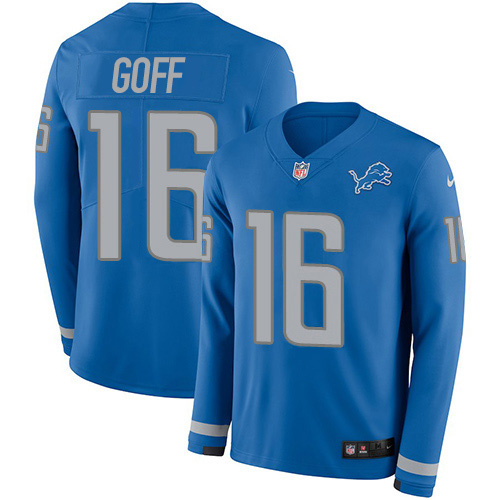 Personalized Detroit Lions #16 Jared Goff Blue Team Color Men’s Stitched NFL Limited Therma Long Sleeve Jersey