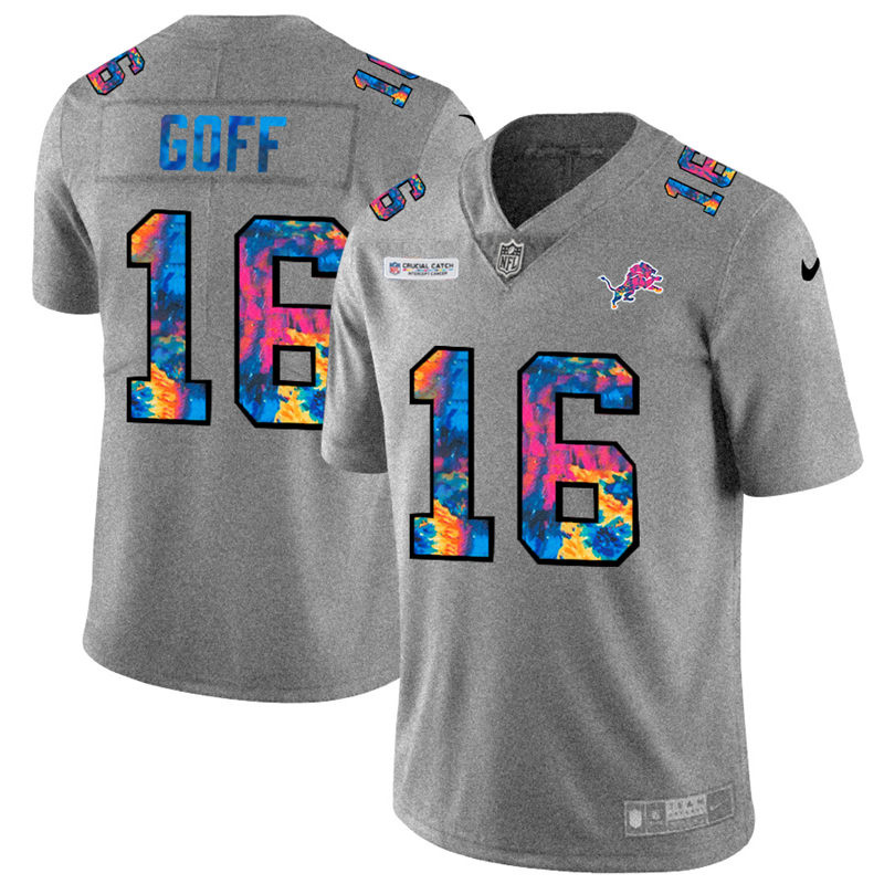 Personalized Detroit Lions #16 Jared Goff Men’s Multi-Color 2020 NFL Crucial Catch NFL Jersey Greyheather