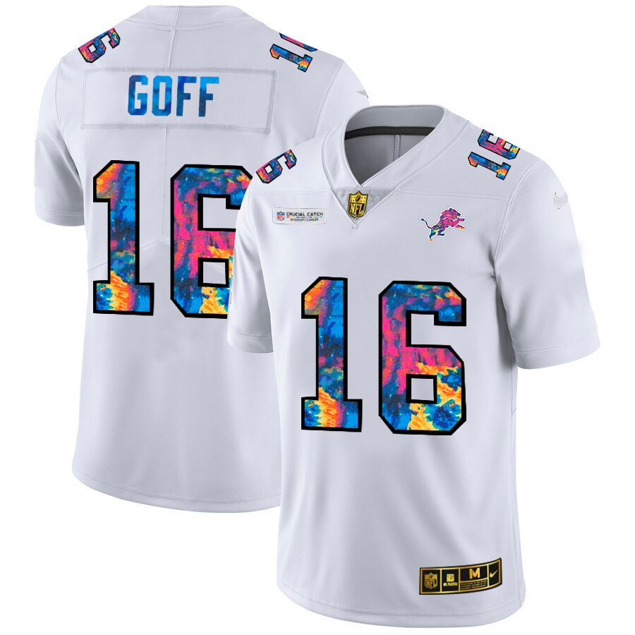 Personalized Detroit Lions #16 Jared Goff Men’s White Multi-Color 2020 NFL Crucial Catch Limited NFL Jersey