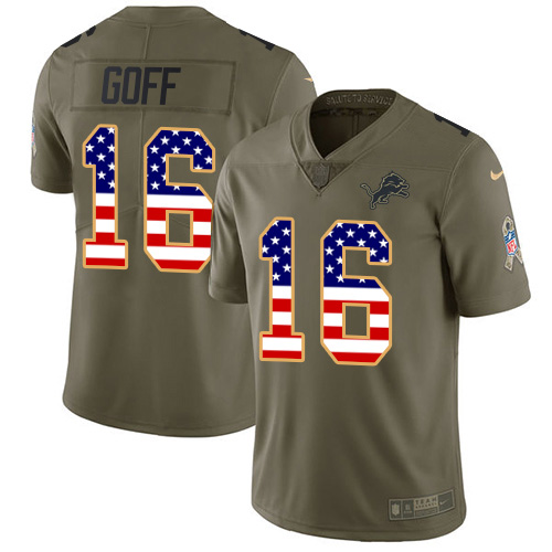 Personalized Detroit Lions #16 Jared Goff Olive USA Flag Men’s Stitched NFL Limited 2017 Salute To Service Jersey