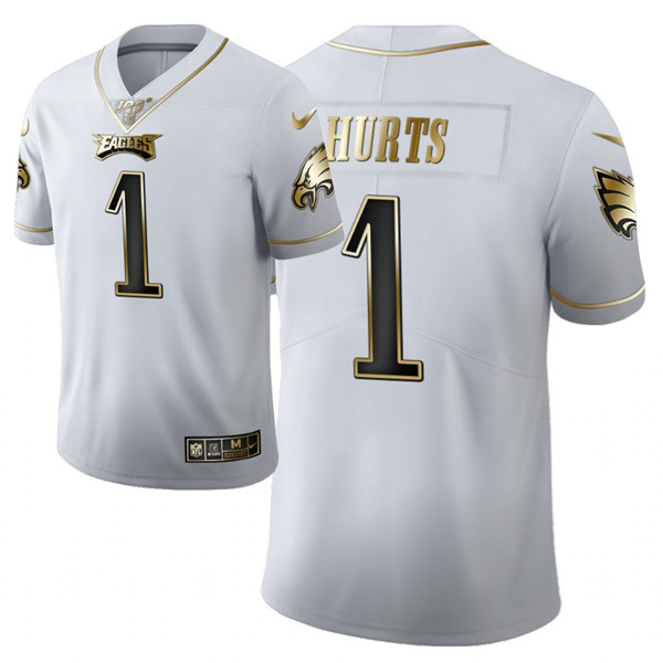 Personalized Men’s Philadelphia Eagles #1 Jalen Hurts White Golden Limited Jersey