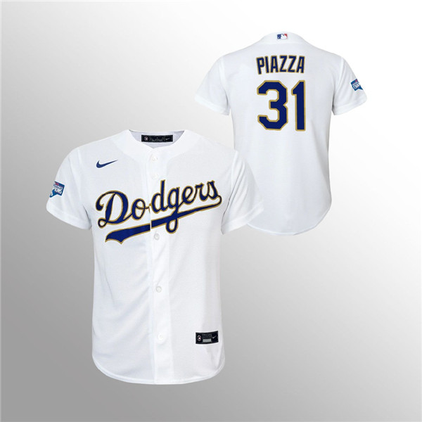 Personalized Youth Dodgers #31 Mike Piazza White 2021 Gold Program Jersey