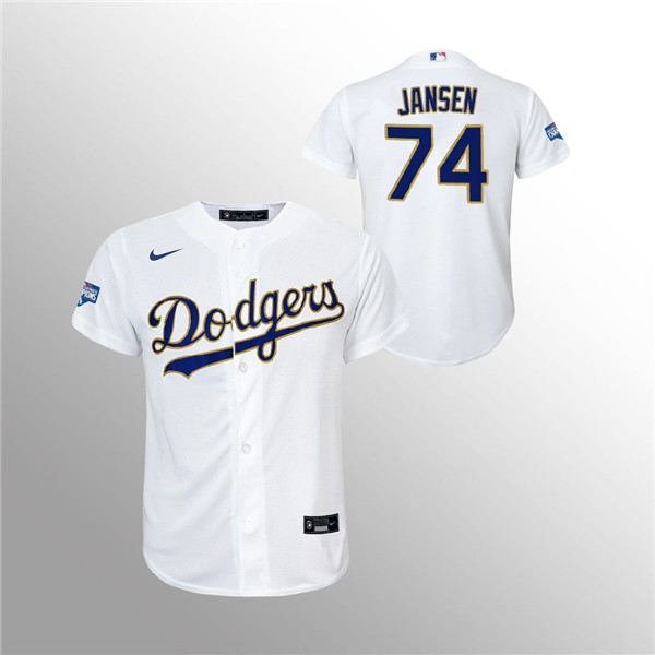 Personalized Youth Dodgers #74 Kenley Jansen White 2021 Gold Program Jersey