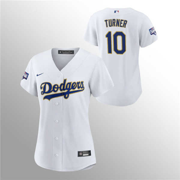 Personalized Women’s Dodgers #10 Justin Turner White 2021 Gold Program Jersey