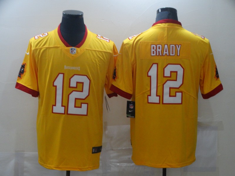 Personalized Men’s Buccaneers #12 Tom Brady Yellow Stitched NFL Limited Rush Jersey