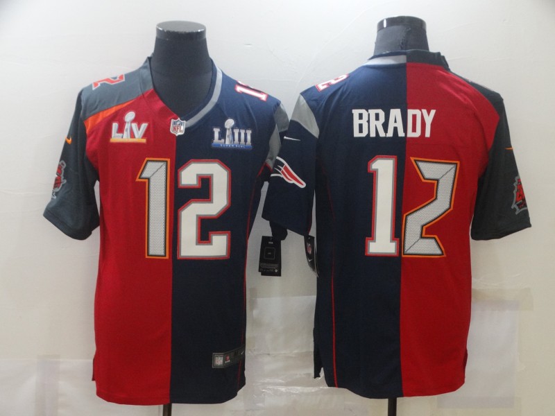 Personalized Buccaneers & Patriots #12 Tom Brady Men’s Red Navy Blue Limited NFL 2020 2021 super bowl Jersey