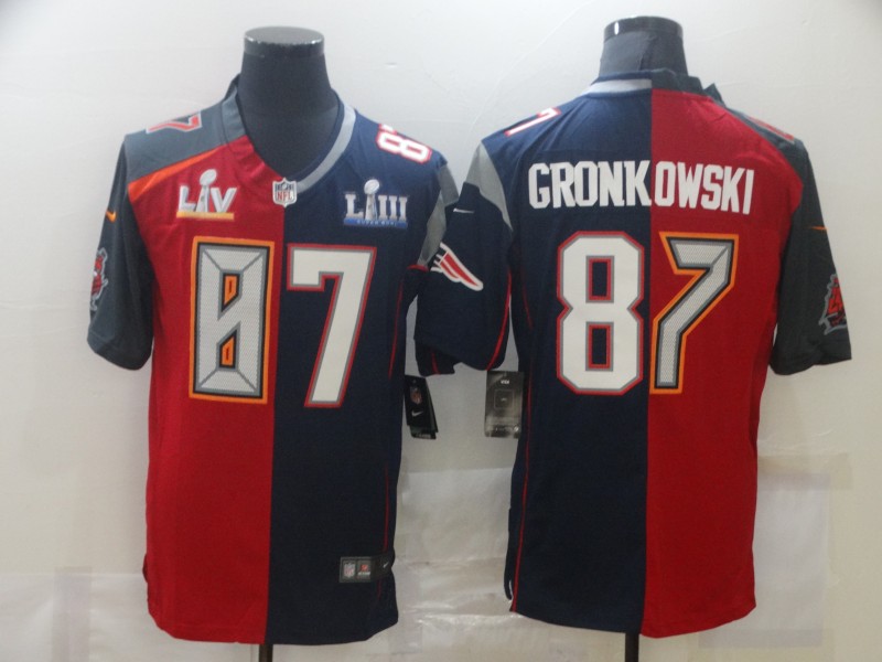 Personalized Buccaneers & Patriots #87 Rob Gronkowski Men’s Red Navy Blue Limited NFL 2020 2021 super bowl Jersey