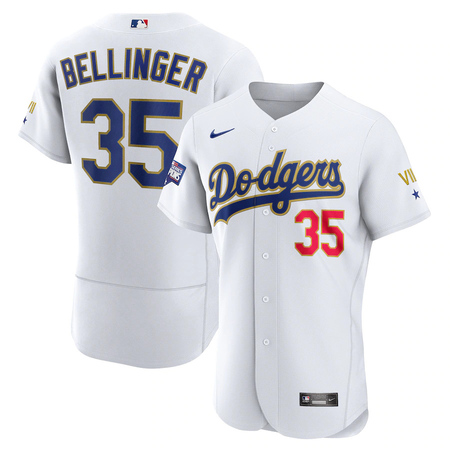 Personalized Men’s Los Angeles Dodgers #35 Cody Bellinger White Gold 2021 Gold Program Flexbase Jersey