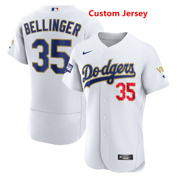 Personalized Custom Men’s Los Angeles Dodgers White Gold 2021 Gold Program Flexbase Jersey