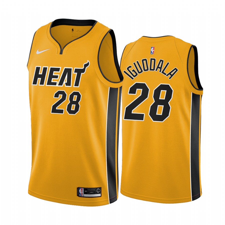 Personalized Miami Heat #28 Andre Iguodala Yellow NBA Swingman 2020-21 Earned Edition Jersey