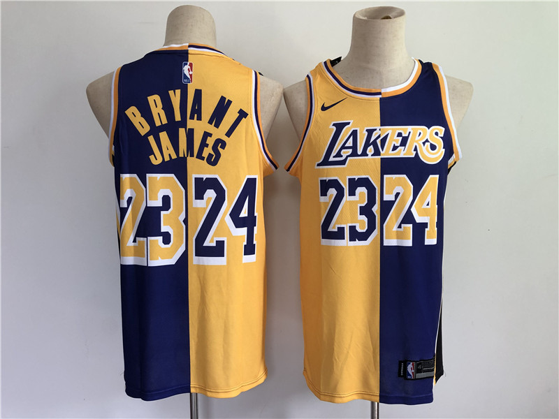 Personalized Men Los Angeles Lakers 24 Bryant 23 james purple yellow split special 2021 nba jersey