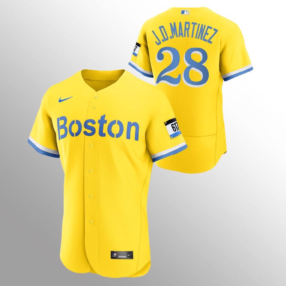 Personalized Boston Red Sox #28 J.D. Martinez Men’s 2021 City Connect Gold Authentic MLB Jersey
