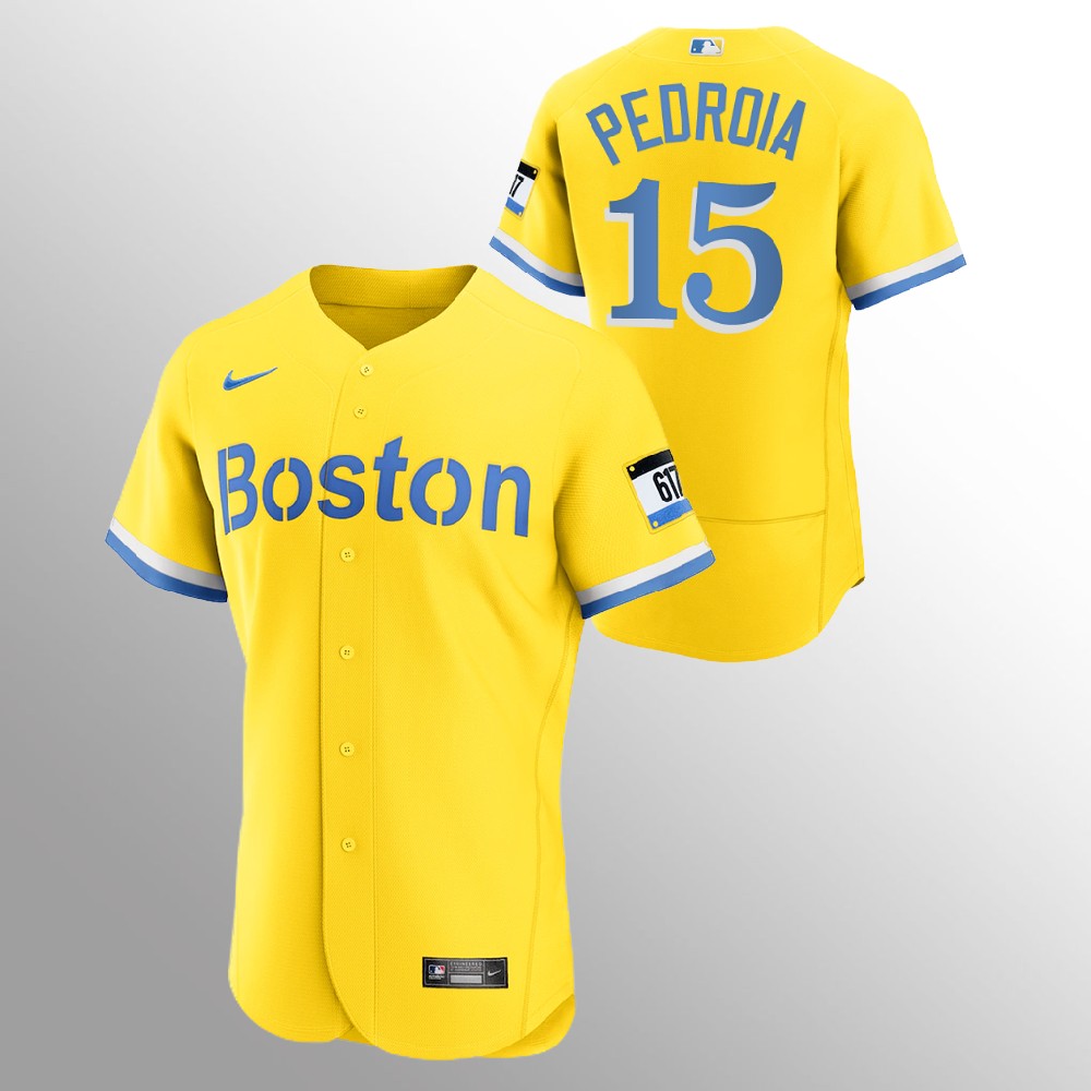Personalized Boston Red Sox #15 Dustin Pedroia Men’s 2021 City Connect Gold Authentic MLB Jersey