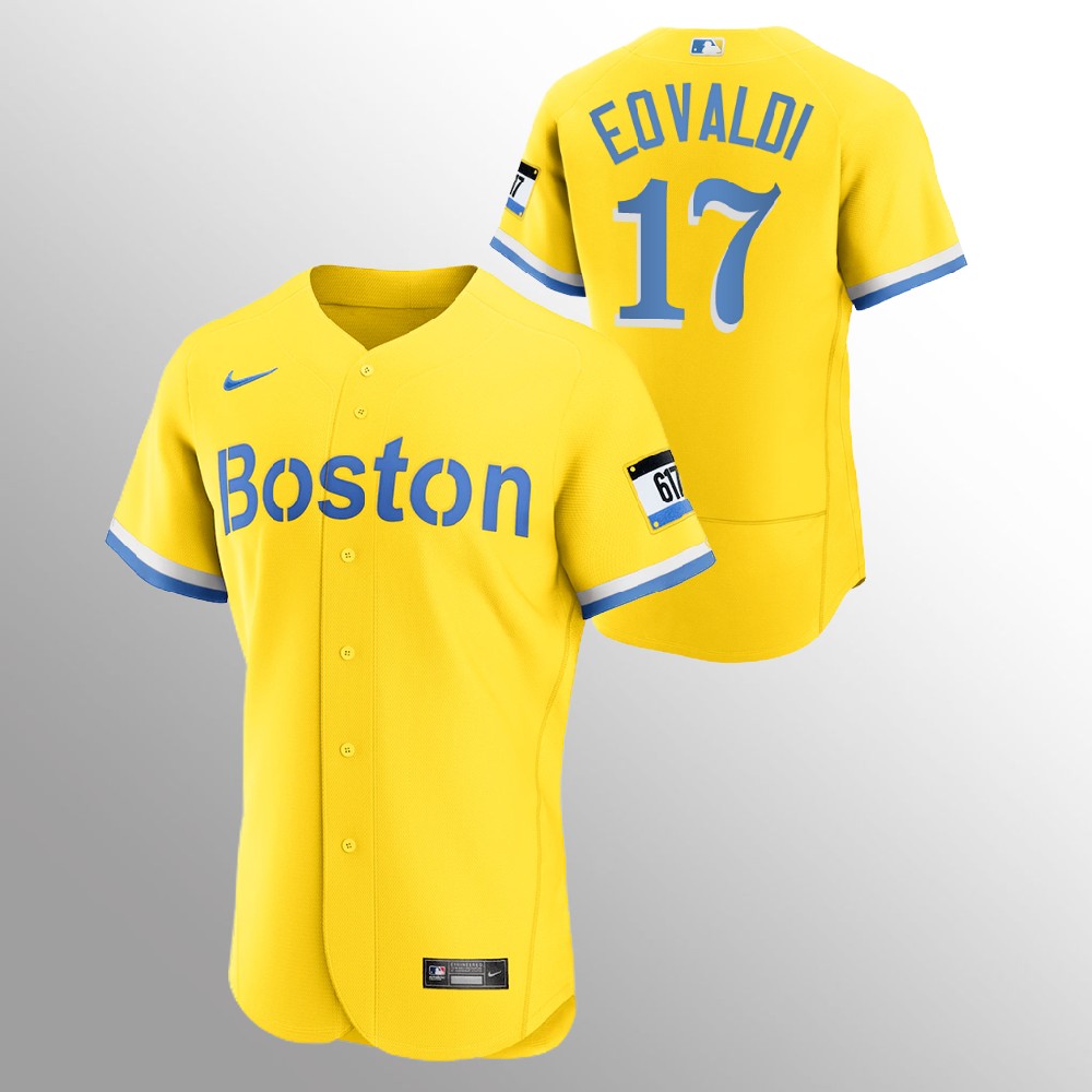 Personalized Boston Red Sox #17 Nathan Eovaldi Men’s 2021 City Connect Gold Authentic MLB Jersey