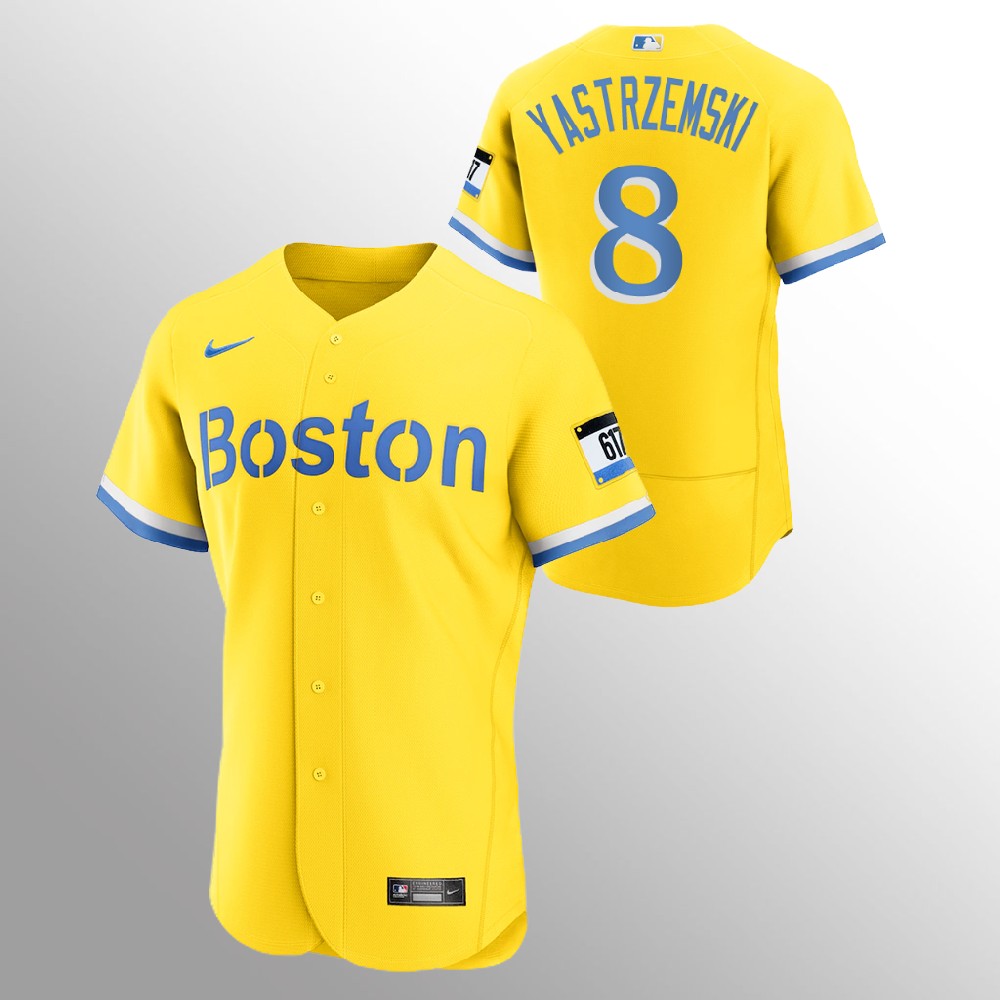 Personalized Boston Red Sox #8 Carl Yastrzemski Men’s 2021 City Connect Gold Authentic MLB Jersey